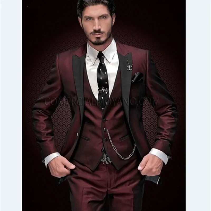 브랜드 신랑 턱시도 슈트 맞춤형 와인 레드 맨 정장 Terno Slim Fit Peaked Lapel Groomsmen Men Wedding Prom Suits 201106