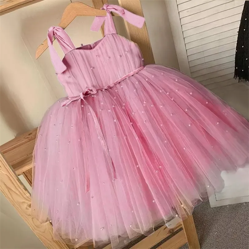 Summer Girl Tulle Dress Princess Party Tutu Fluffy Pearl Dress Kids Wedding Evening Gown Children Clothing Baby Clothes Vestidos 220707