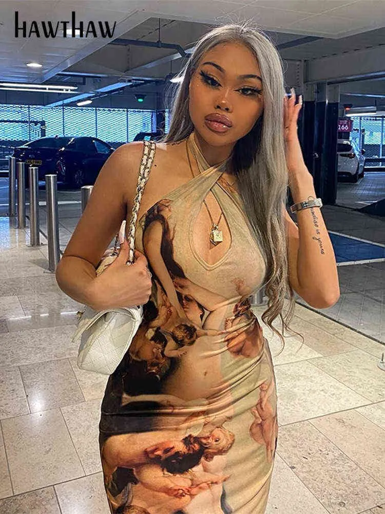 Women Summer Halter V Neck Sleeveless Printed Bodycon Party Mini Dress 2021 Female Clothing Streetwear Wholesale Items Y220413