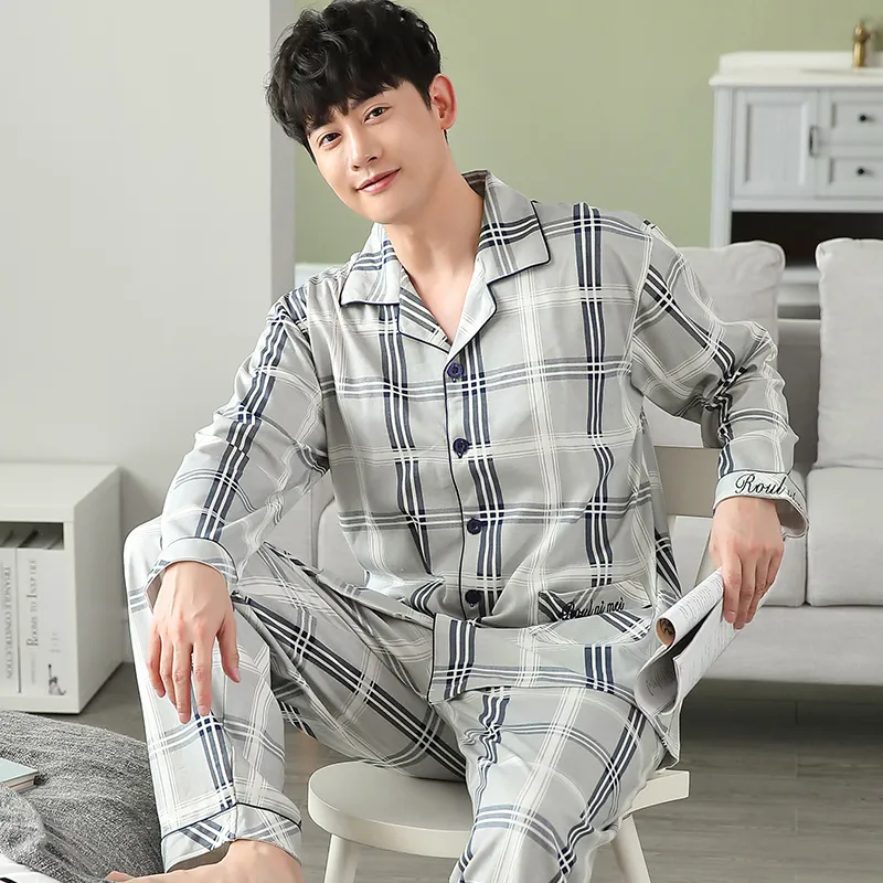 Herren-Nachtwäsche, Herren-Pyjama-Set, Vollbaumwolle, Frühling, Langarm, bedruckt, Herren-Pyjama, S 220823