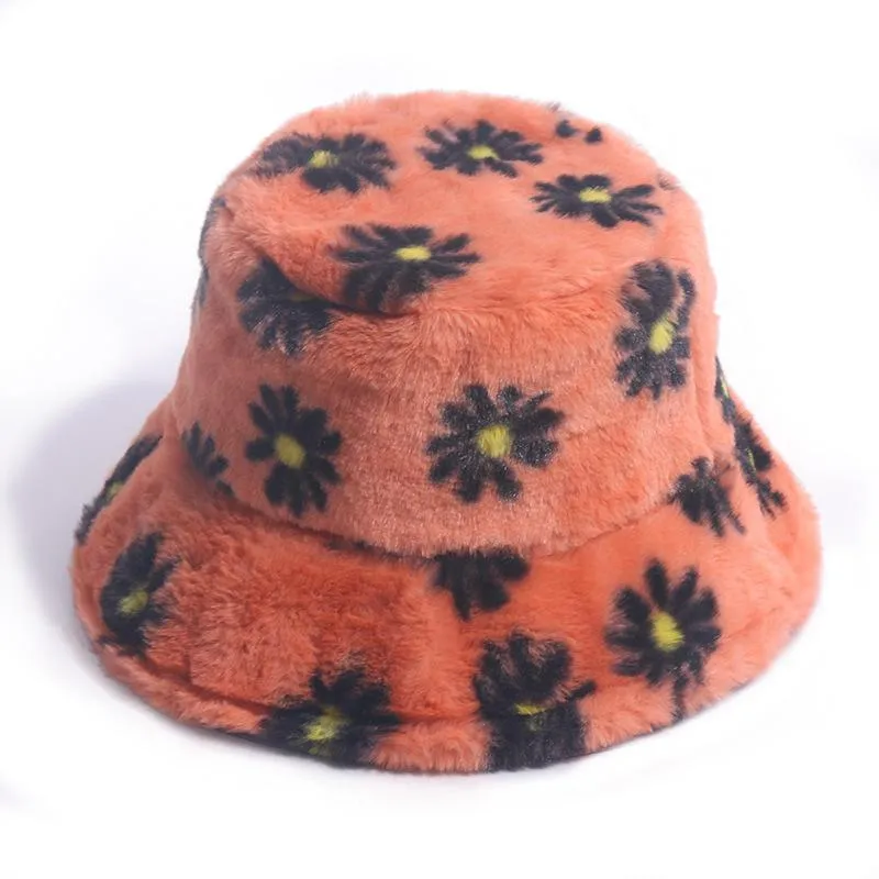 Baskar faux päls vinter hink hatt för kvinnor mode tusensköna blommor mjuk varm fiske mössa utomhus fällbart bob panama fiskare