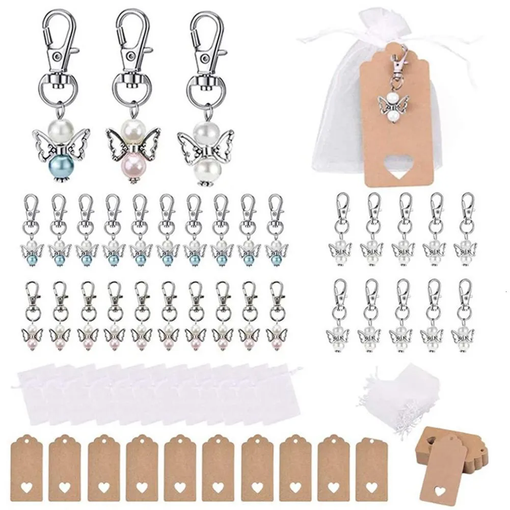 Autres fournitures de fête de fête 30pcsset Angel Design Keychain Favors Set White Organza Gift Bags Merci Kraft Tags pour Baby Shower Mariage Anniversaire 230206