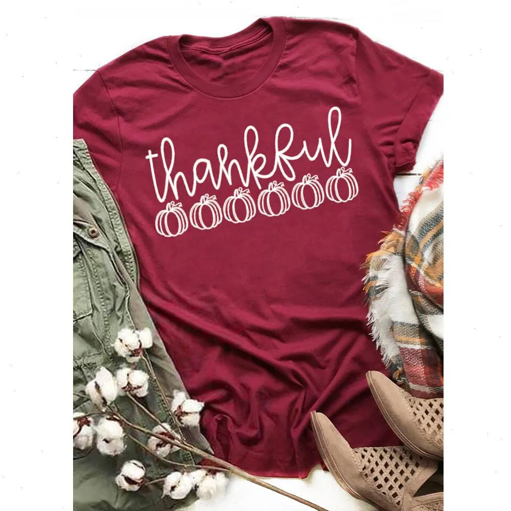 ありがたいカボチャの純粋なコットンTシャツTシャツかわいいユニセックス感謝祭の休日の秋の女性のグラフィックティートップ衣装