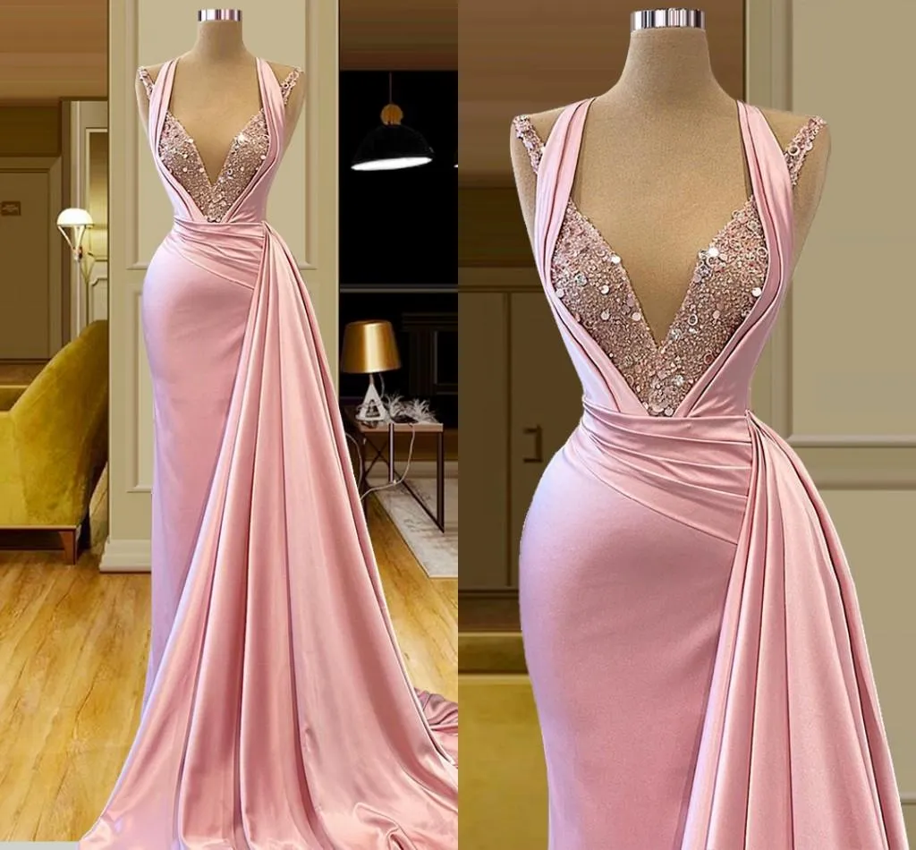 2022 vestidos de noite rosa sexy desgaste profundo pescoço de pescoço decote frisado frisado longa sereia formal vestido de baile vestido de festa varrer trem plus size