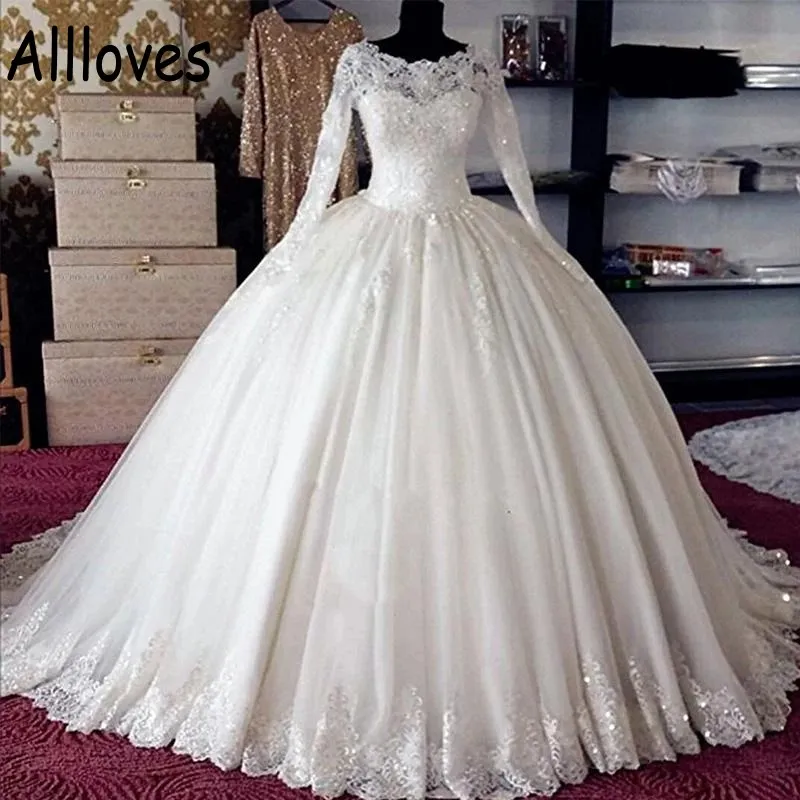 Saudi Arabia Dubai Ball Gown Wedding Dresses With Long Sleeves Sequins Beaded Lace Appliques Princess Bridal Gowns Lace-up Back Plus Size Vestidos De Novia CL0433