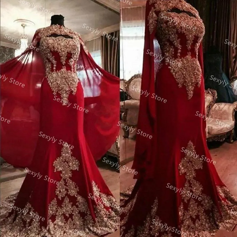 Party Dresses Luxury Red Muslim Mermaid Prom med Caped Elegant Arabic Dubai Kaftan Morrocan Evening Dress Pärled Lace Formal Dressparty