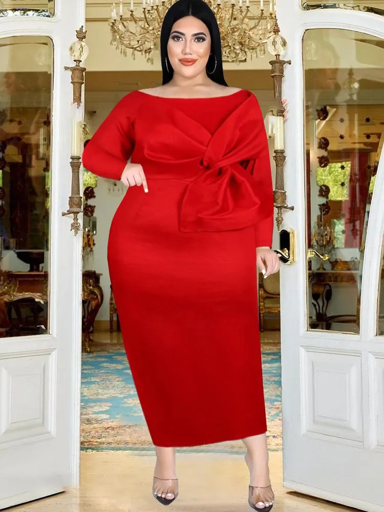 Plus taille robe rouge robe femme gros arc fête corponcone de gaine brillante robes sexy midi longueur célébrer l'événement soir bal de bal de bal