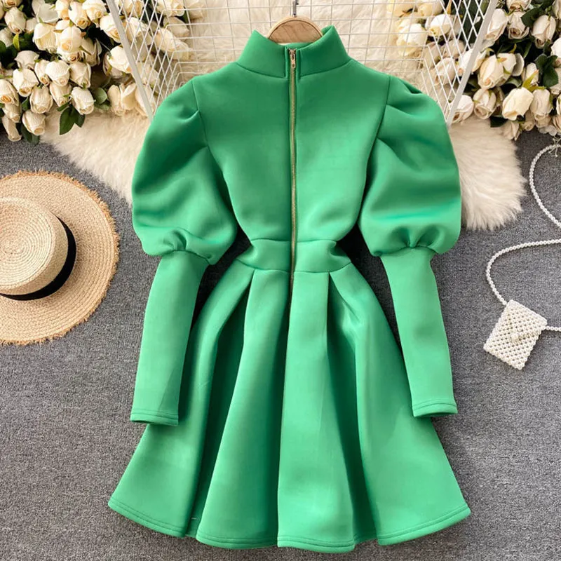 women winter dress puff sleeve Long Puff Sleeve Jacquard Knit Dress