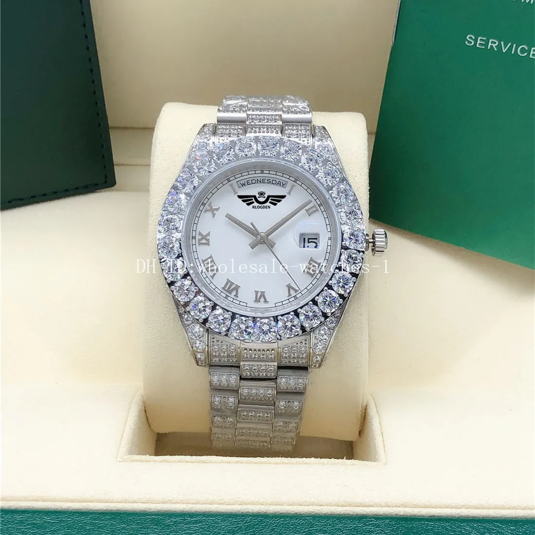 Montre Full Diamond White Dail President 128238 128239 Sapphire Big Diamond Bezel 43mm 18K hommes montres automatiques avec boîte d'origine