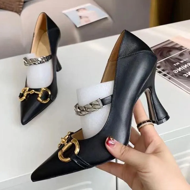 Classic high heeled boat shoe Designer leather Thick heel heels 10cm 100% cowhide Metal Button Pointed shoes chain women Dress shoes Large size 34-42 us5-us11