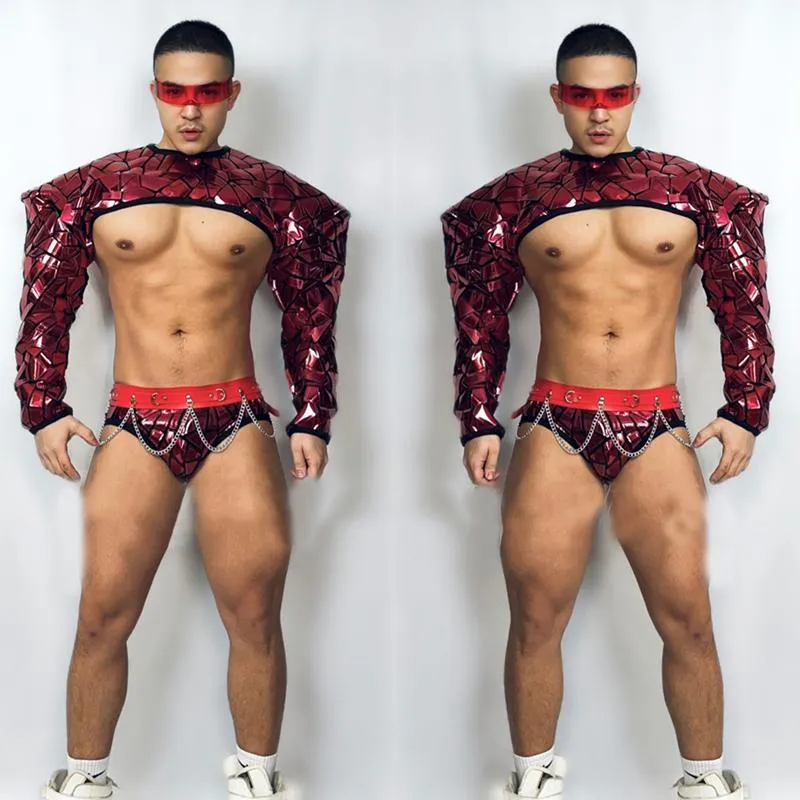 Stage Wear Bar Nightclub Men Pole Dance Clothes Sexy Red Mirror Suit Exaggerated Shoulder Pad Top Briefs Gogo Costume Outfit XS3657Stage