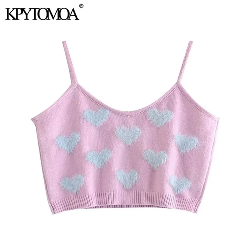 KPYTOMOA Women Fashion Heart Pattern Cropped Knitted Tank Tops Vintage Backless Thin Straps Female Camis Chic Tops 210401