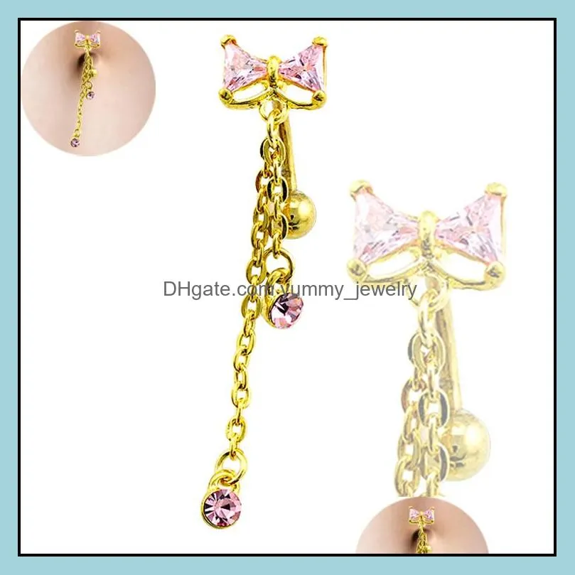 Body Belly Button Rings Gold Plated Stainless Steel Barbell Dangle Rhinestone Long Chain Navel Rings Piercing Jewelry