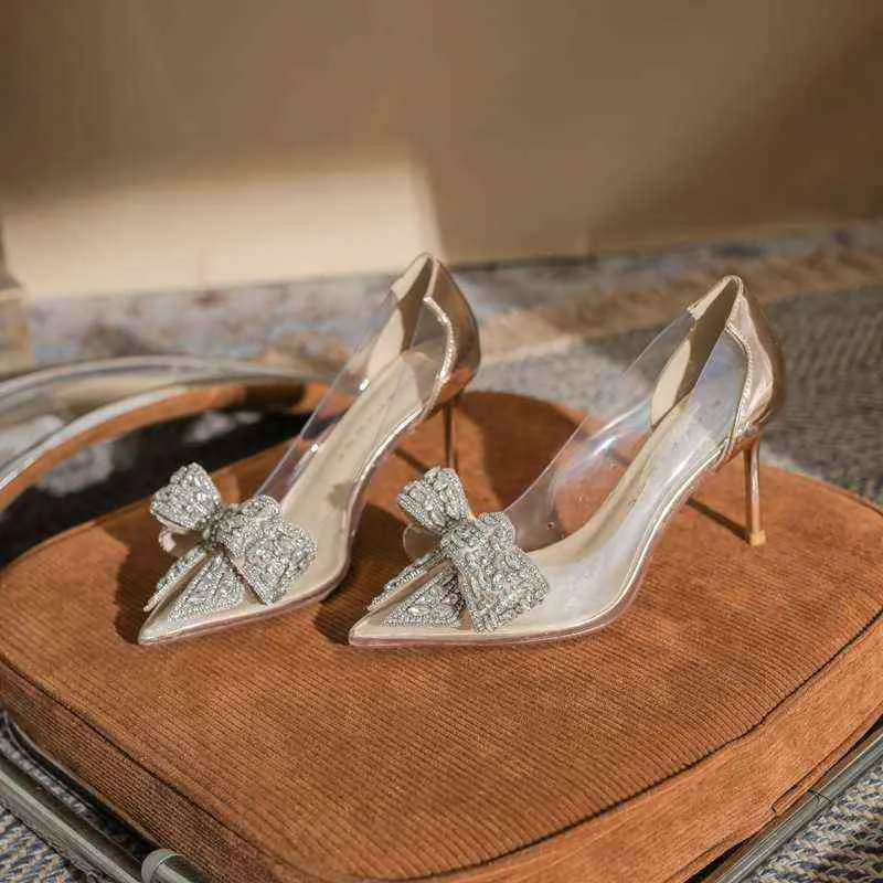 2022 New Crystal Transparent High Heel Sapatos de festa feminina Rhinestone Bow Sapatos de casamento Sapatos de casamento G220519