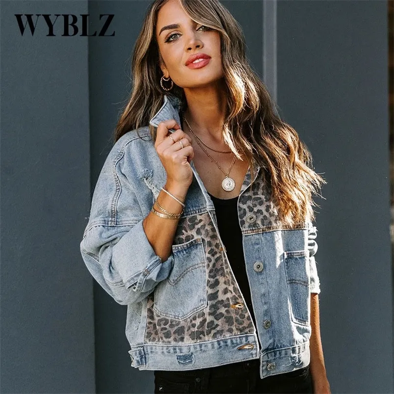 Fashion Contrast Leopard Jeans Women Elegant Turndown Collar Metal Buttoned Cardigan Coats Long Sleeve Denim Jacket 220722