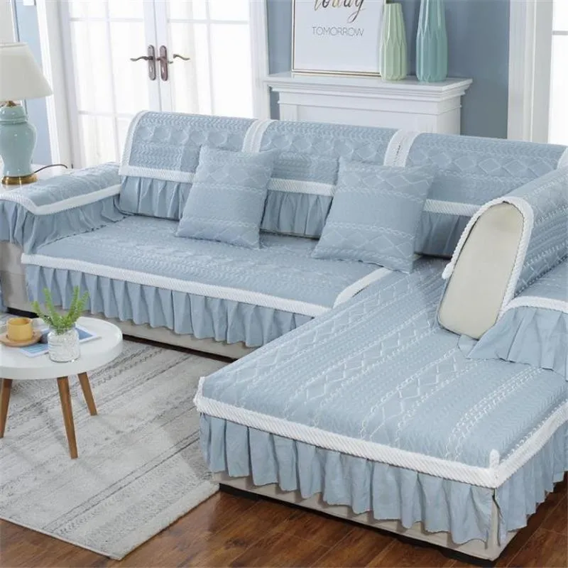 Stuhlabdeckungen Einfache moderne Makaroon-Farbstoff-Stoff-Sofa Handtuch weiße Kante mit Rock nicht rutschfest
