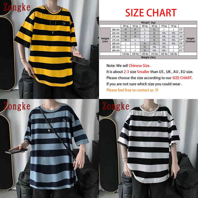 Zongke Striped Cotton T Shirt for Men Clothing Harajuku Summer Tshirt Men Streetwear Hip Hop M-2XL 2022 New Arrivals Y220606