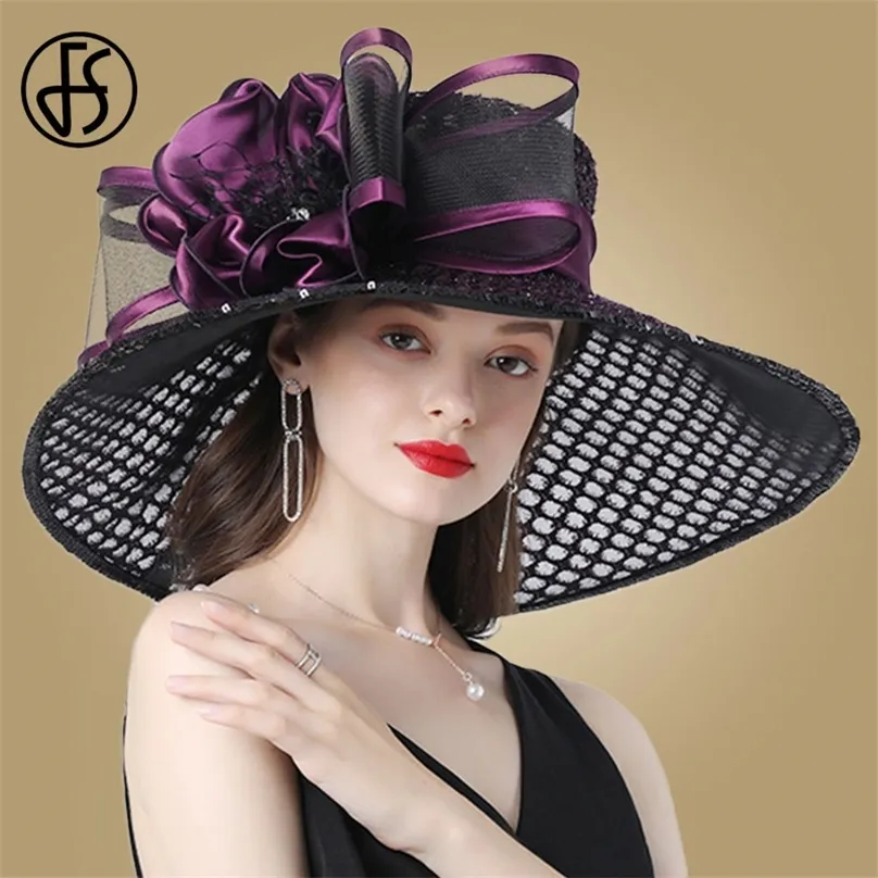 FS Purple Ladies Fascinator Wedding Kentucky Derby for Women Flower Hats Stora Wide Brim Fedora Organza Hat Church 220813