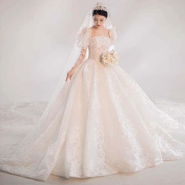 2022 Champagne clair col en V cristal dentelle robe de bal robes de mariée musulman long train dos ouvert plus la taille robe de mariée images réelles