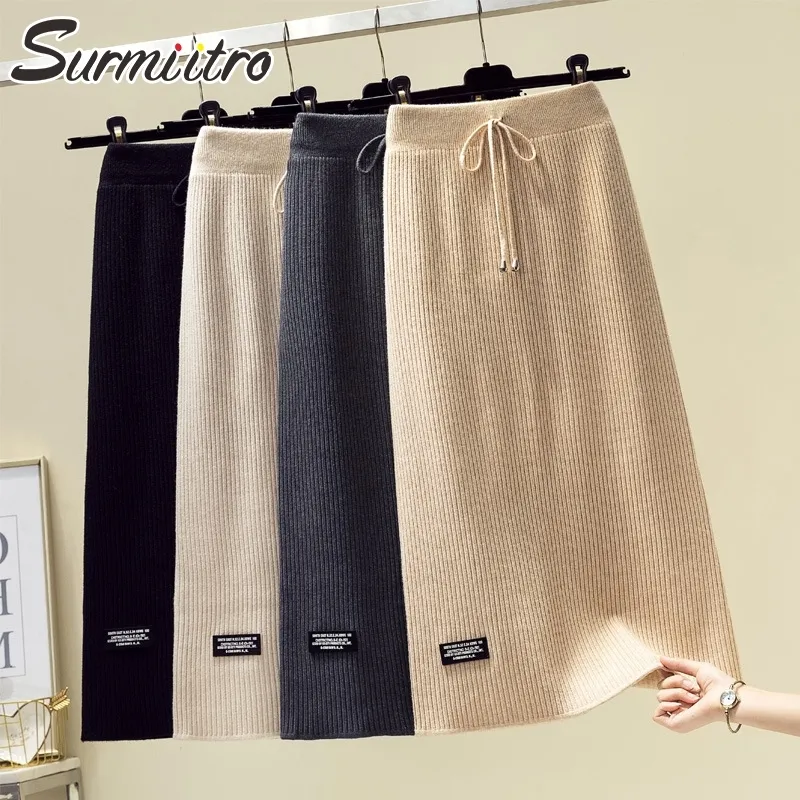 Surmiitro 패션 가을 겨울 따뜻한 니트 미디 긴 스커트 여성 한국 스타일 중간 길이 높은 허리 스커트 여성 220325