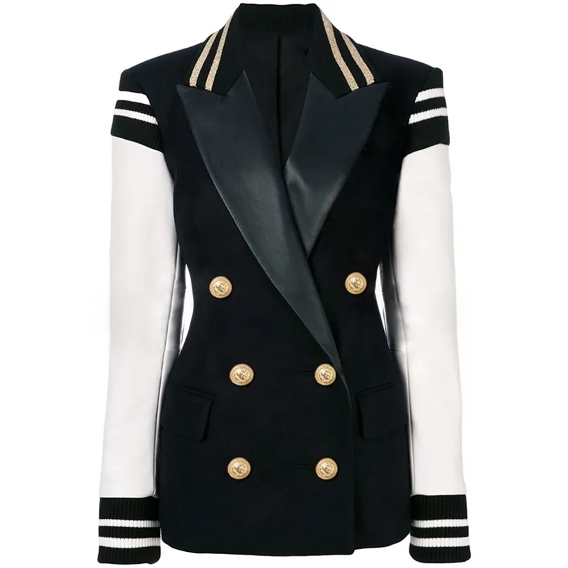 High Street Fashion Stylish Blazer Varsity Jacket Women's Leather Sleeve Patchwork Lion Button Blazer 201008