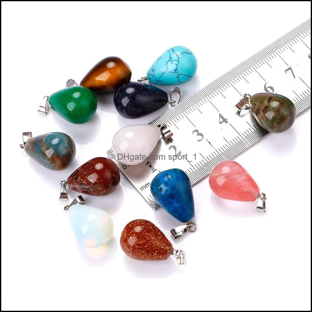 natural stone water drop pendant necklace opal tiger`s eye pink quartz crystal chakra reiki healing pendulum necklaces for women