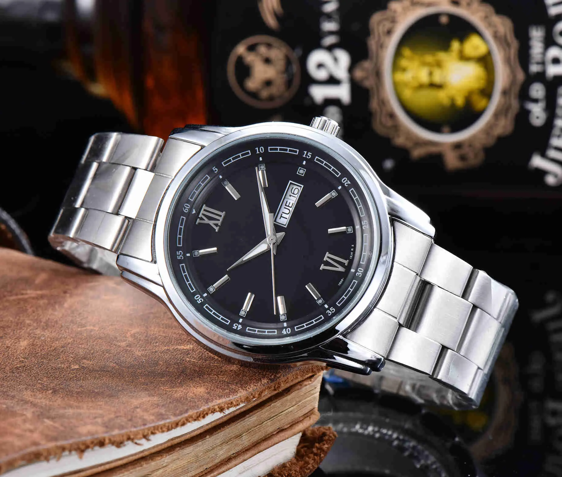 Wysokiej jakości luksusowy zegarek modowy z Kwarcowym Ruchem Wyświetlaczem tydzień i kalendarzowym paskiem stalowym Minimalistyczny styl męski zegarek 198Q