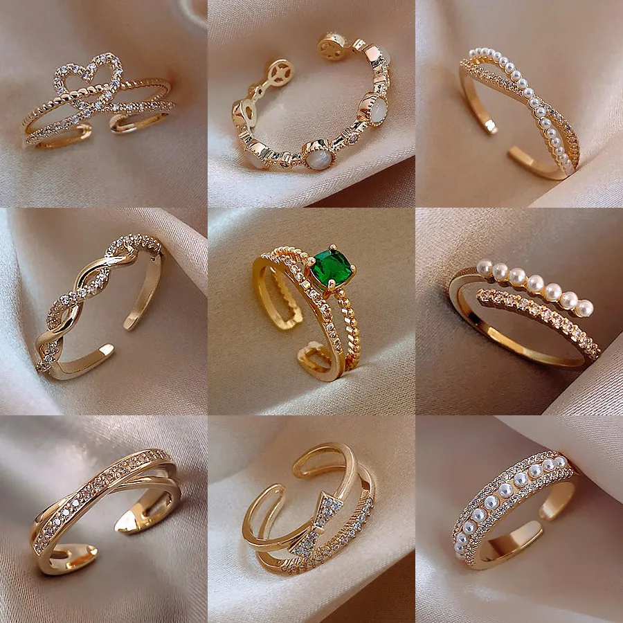 LATS Luxury Gold Color Pearl Zircon Rings for Woman Vintage Sexy Open Ring Party Joint Ring Fashion Elegant Jewelry Gifts