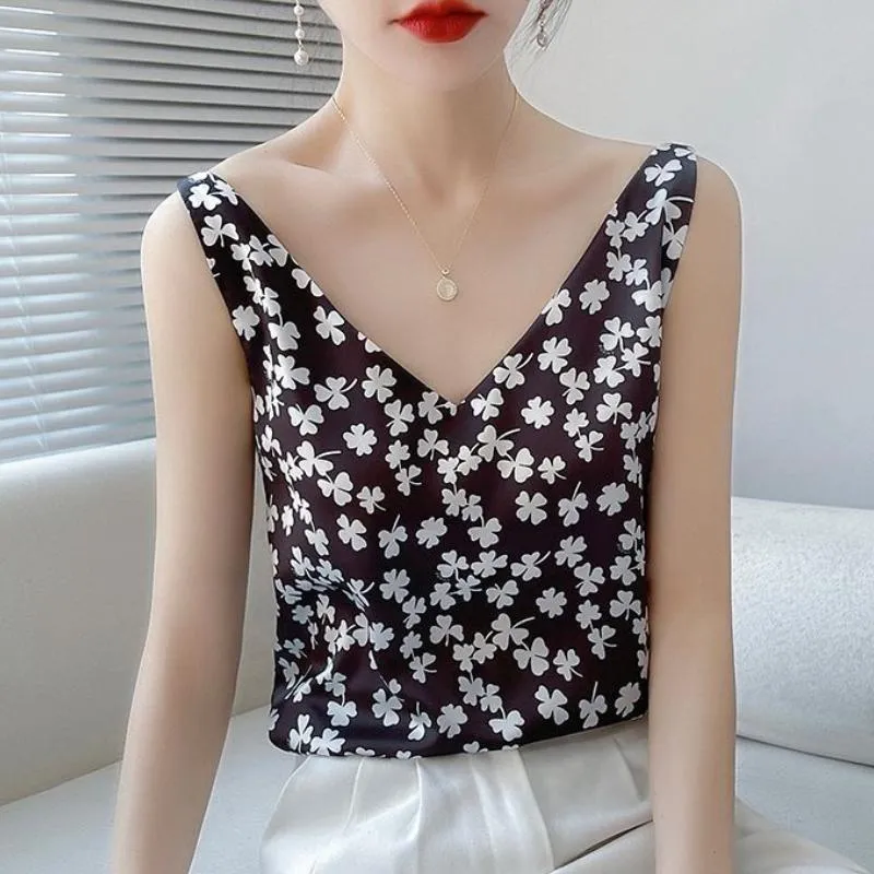 Women's Blouses & Shirts Elegant Design Western-style Silk Camisole Women's V-neck Floral Print With Suit Satin High-end Vest Womens Top