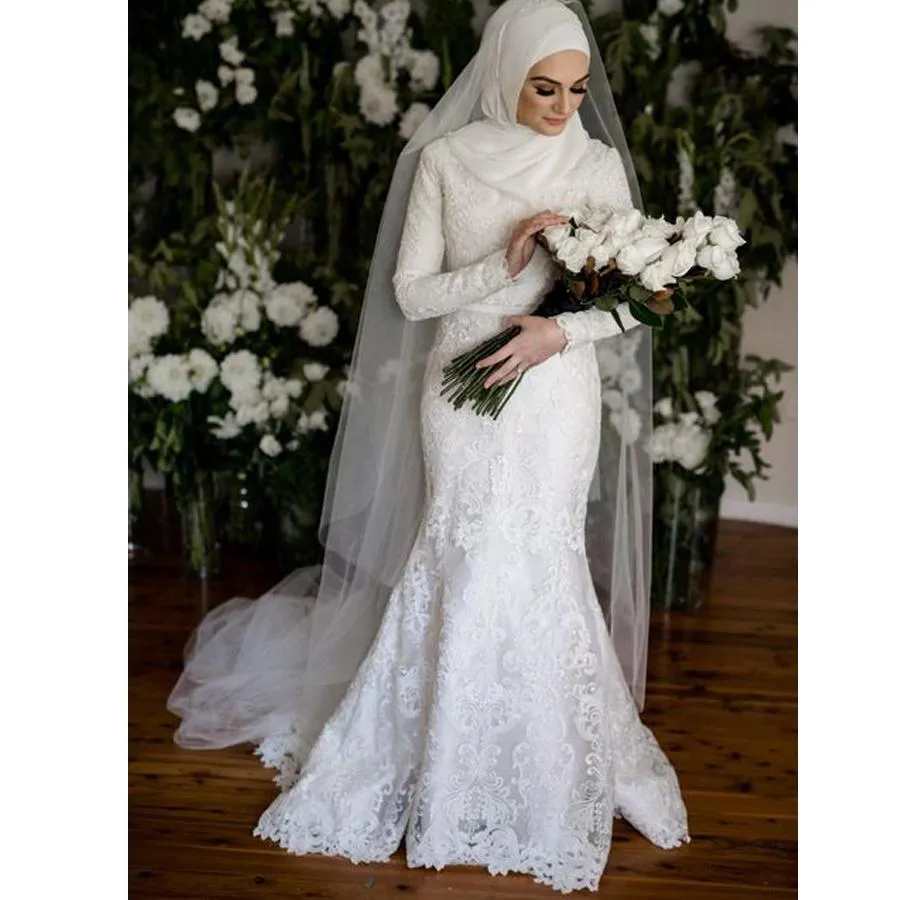 2022 Elegant Muslim Lace Mermaid Wedding Dress With Hijab Veil Long Sleeves High Neck Ivory Appliqued Bridal Gowns Gelinlik in Dubia Arabic Islamic Bride Dresses