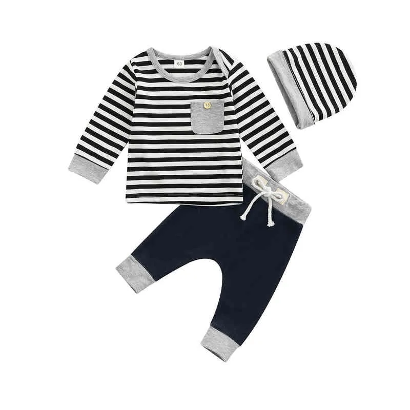 Citgeett Herbst Neugeborenen Baby Jungen Outfits Streifen Druck Lange Ärmel Tasche Sweatshirt Hosen Kappe Herbst Kleidung Set J220711