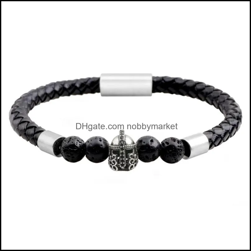 Warrior Helmet Charm Genuine Leather Bracelet Agate Tiger Eye Beads Bracelets Male Jewelry