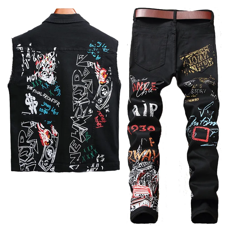 Black Tracksuits Impresso dos homens de verão outono sem mangas desgastado desgastado denim colete + estiramento jeans casual magro masculino dois peça streetwear