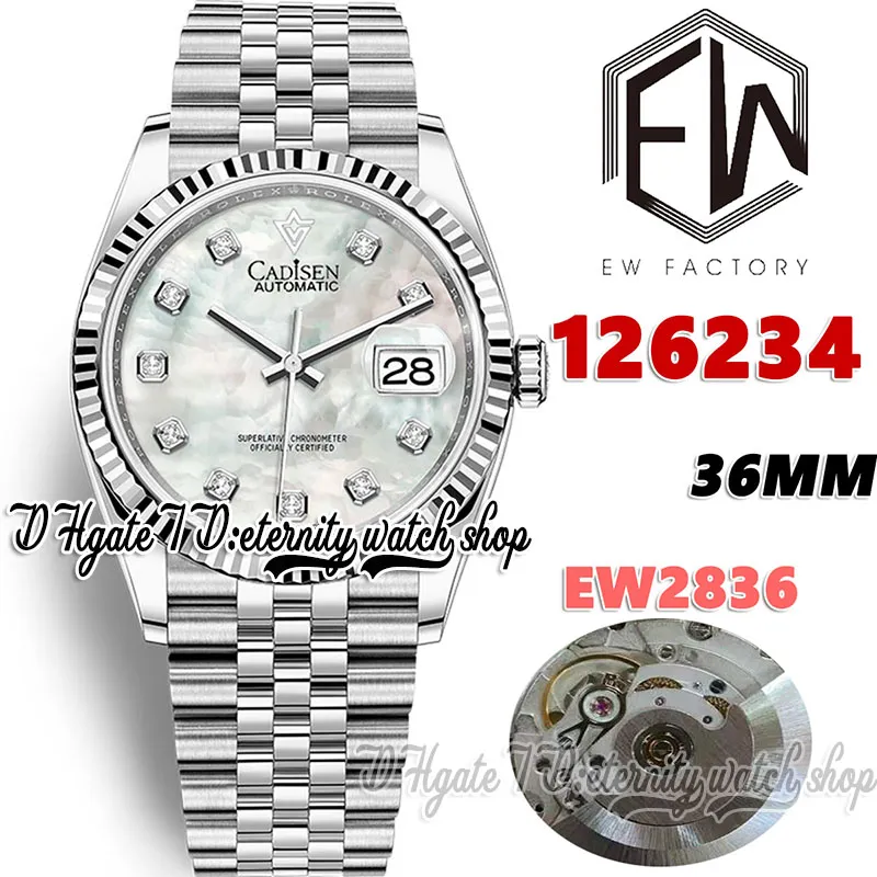 EWF V3 EW126234 A2836 Automatische heren Watch 36 mm Cannelrde ring Moeder van parel wijzerplaat diamantmarkeringen 904L stalen armband met dezelfde seriële garantiekaart Eeuwige horloges