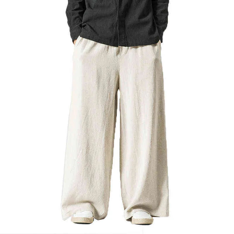 2022 Mens Cotton Linen Trousers Summer Wide Leg Pants Casual Male Solid Elastic Waist Straight Loose Khaki Track Pants M-5XL L220706
