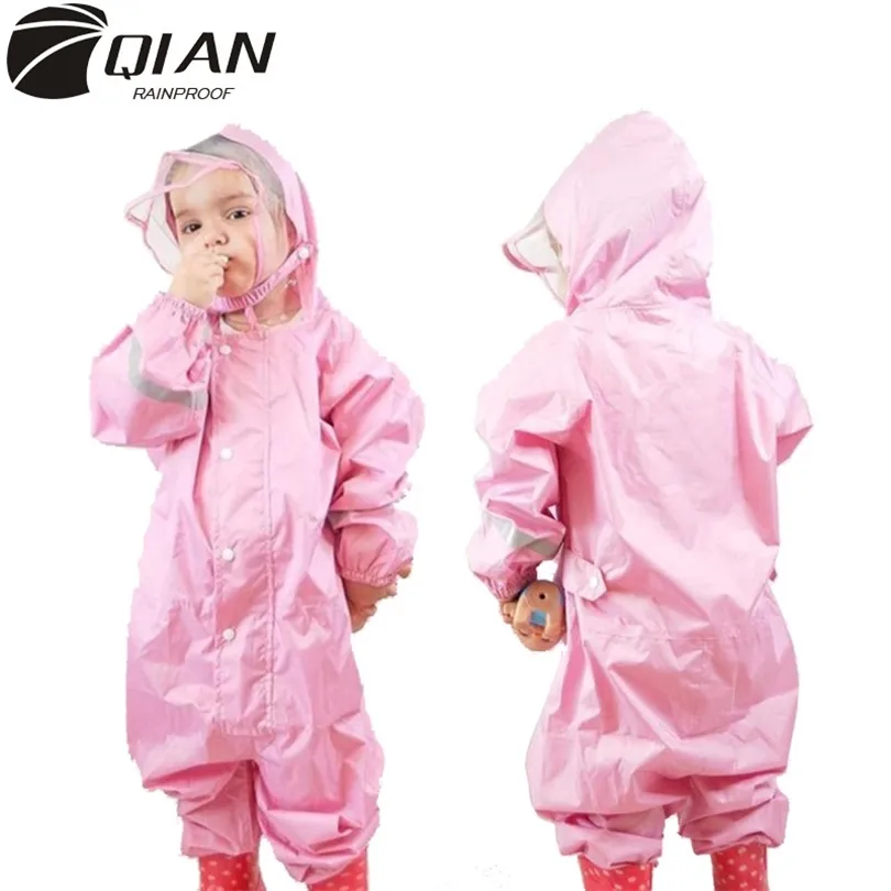 QIAN 29 Years Old Fashionable Waterproof Jumpsuit Raincoat Hooded Cartoon Kids OnePiece Rain Coat Tour Children Rain Gear Suit 201016