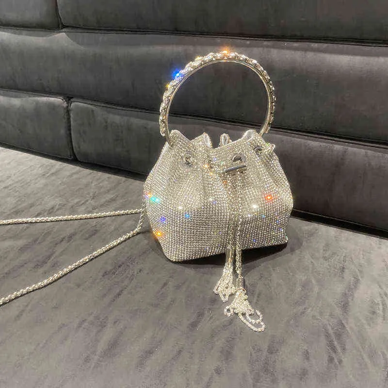 Silver Bucket Clutch Purse Luxury Designer Purses and Handbags Bags for Women Evening Banquet Female Rhinestone Shoulder 0628