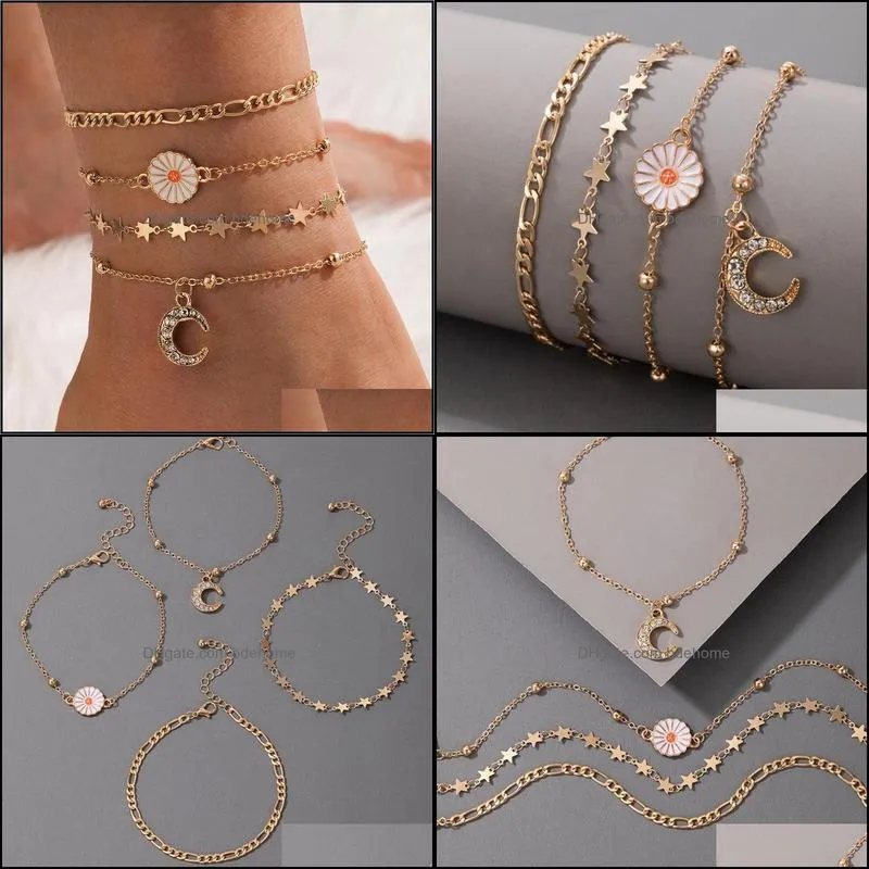 Daisy Flower Five Pointed Star Moon 4-piece Set Anklets European And American Beach Foot Chain wholesale