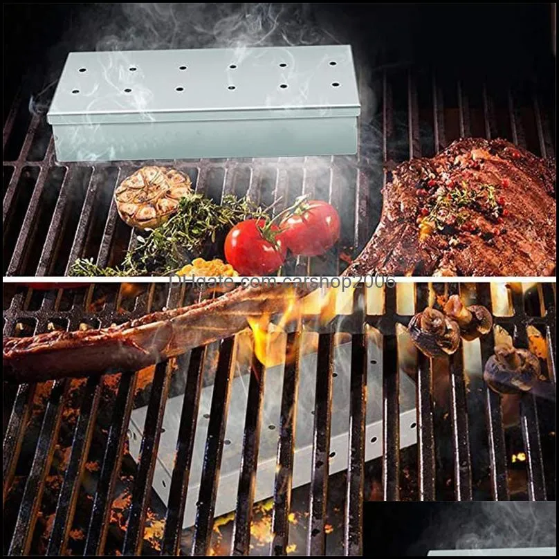 stainless steel bbq smoker box wood chips barbecue indoor outdoor charcoal grill infused smoke tools & accessories