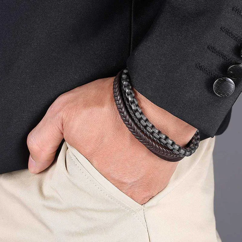 Charm Bracelets Male Jewelry Brown Leather With Stainless Steel Chain Stitching Combination Men Magnetic Clasp Punk Accessories SP0998Charm