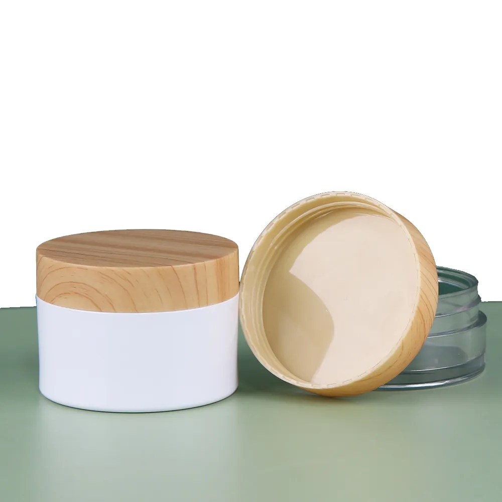 Pots en plastique PET épais à large ouverture, bouteille de crème blanche/transparente, pot cosmétique de 30g 50g avec couvercle en plastique à grain de bois, couvercle intérieur en PP, joint PE