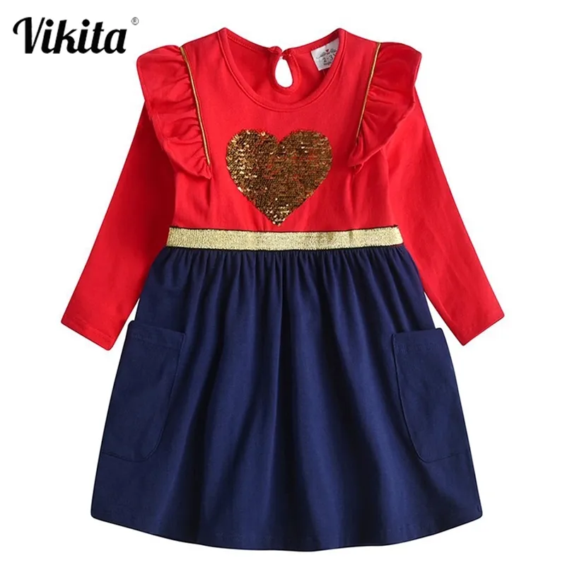 Vikita dla dzieci sukienki dla dzieci. Aplikacja dla dzieci sukienka z długim rękawem Czerwony sukienka świąteczna sukienka dziewczyna jesienna cekiny sukienki 210329