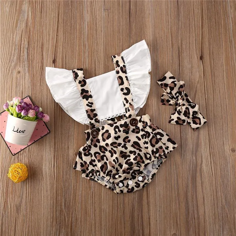 Roupas conjuntos de roupas nascidas para meninas roupas de leopardo sem costas backless bodyspuit de colarinho de colarinho de arco geometria da cabeça 2pc