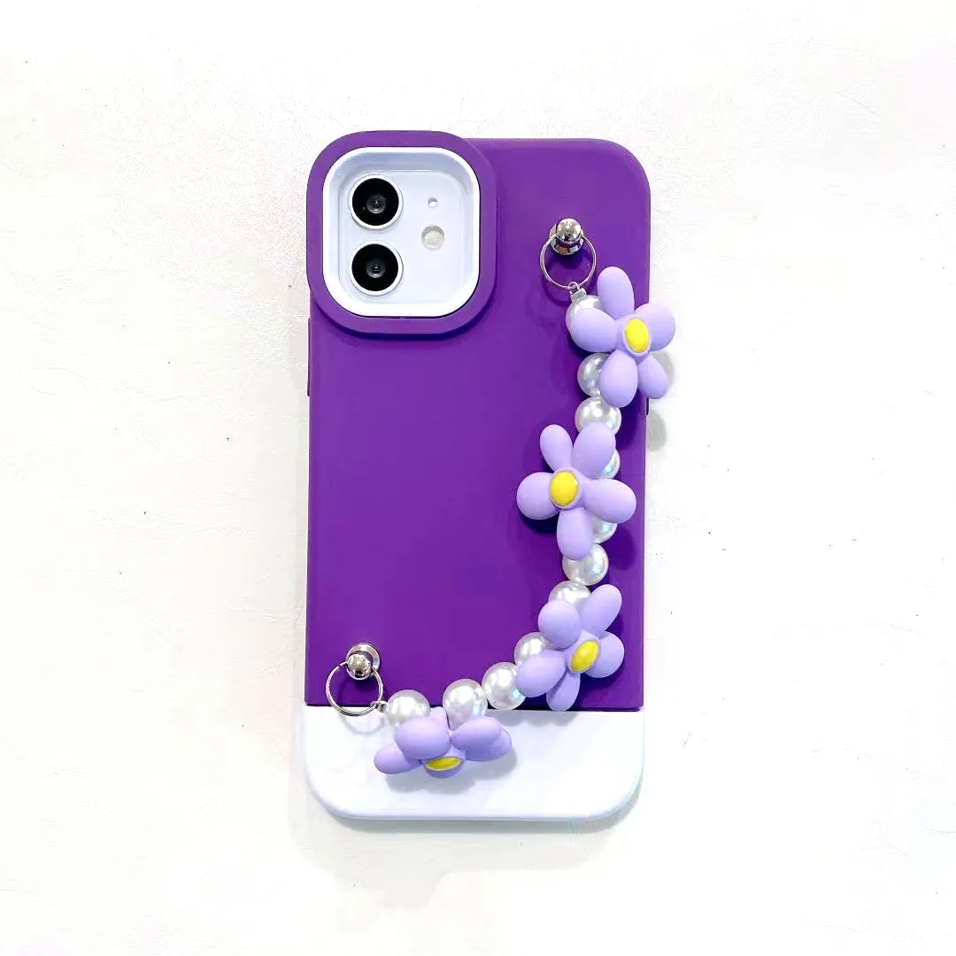 Casos de telefone de pulseira de flores de p￩rola diy 3 em 1 para iPhone 14 Pro Max 13 11 12 Moda Luxo TPU Silicone Cover