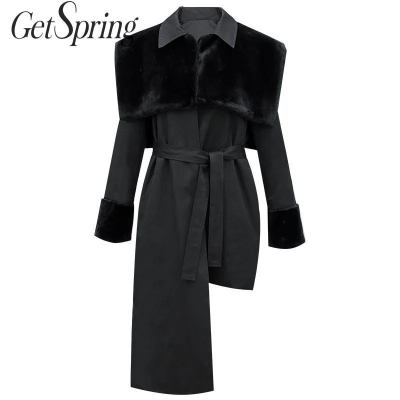 Getspring Women Parka Winter Outwear Jacket Stock Tjockad Plush Winter Jacket Oregelbundet snörning Lös långvarig Black 201201