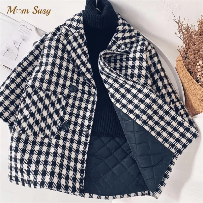 Boy Girl Woolen Plaid Jacket Long Double Breasted Warm Child Lapel Tweed Coat Cotton Padded Baby Outwear Clothes 110Y 220812