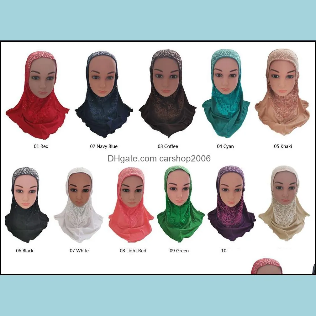 2021 one piece muslim kids girls hot drilling hijab hats child islamic headscarf headwear caps amira prayer cover shawl middle east