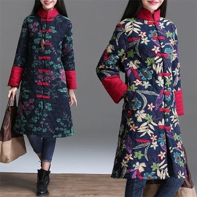 Chinese Red Floral Women Winter Warm Long Jacket Vintage Padded Coat Female Blue Flower Winter Quilted Parka Ladies Windbreaker 201127