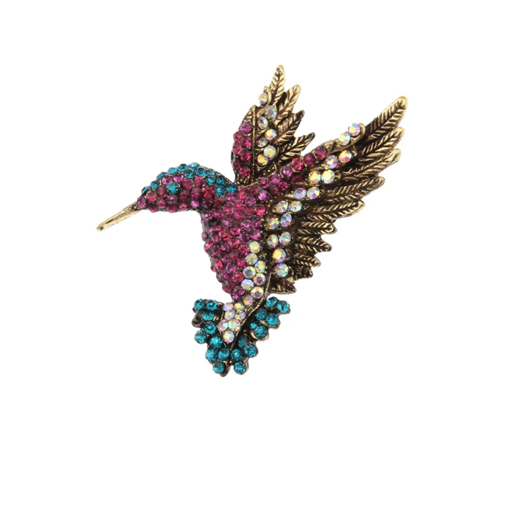 100PCS/Lot Gold Tone Vintage Hummingbird Brooches Multi-color Rhinestone Crystal Animal Bird Pin Brooch For Women