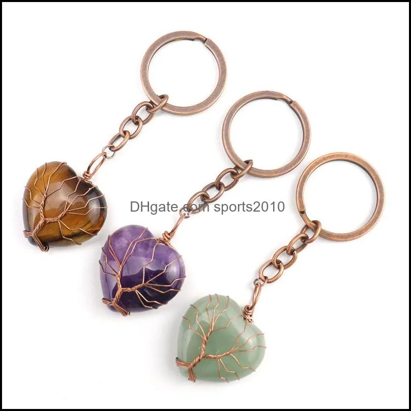 retro handmade tree of life key rings heart natural stone healing crystal quartz keychain keys chain key ring